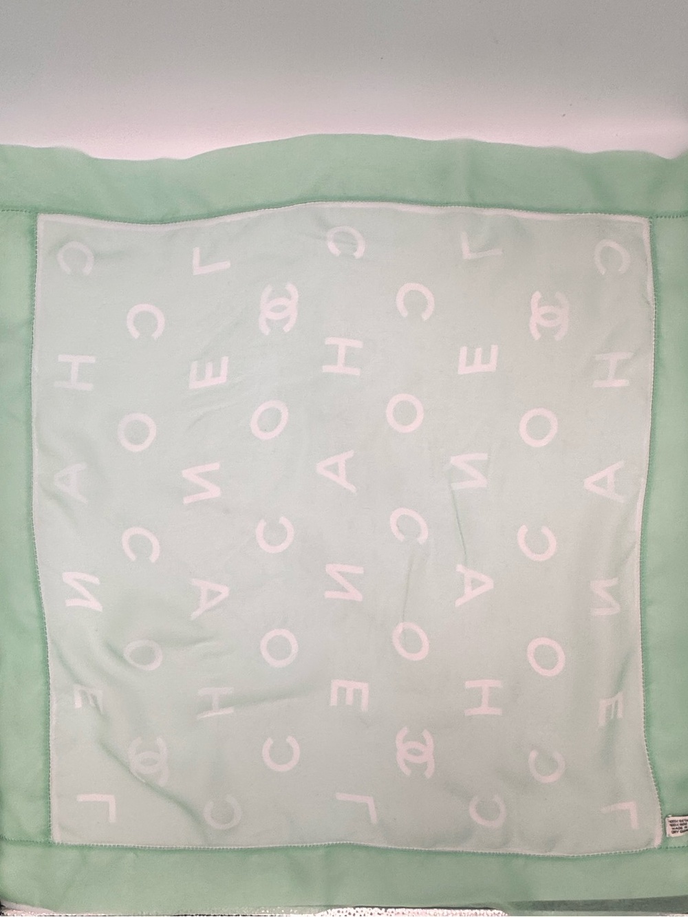 Vintage CHANEL 100% Silk Scarf Mint Green Logo CC Letter Print Made in Italy